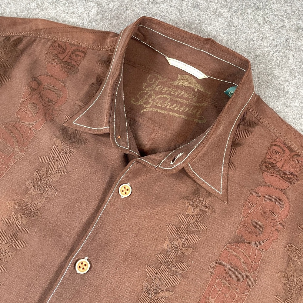 Tommy Bahama Mens Button Front Shirt L Tiki Jacquard Silk Blend Brown